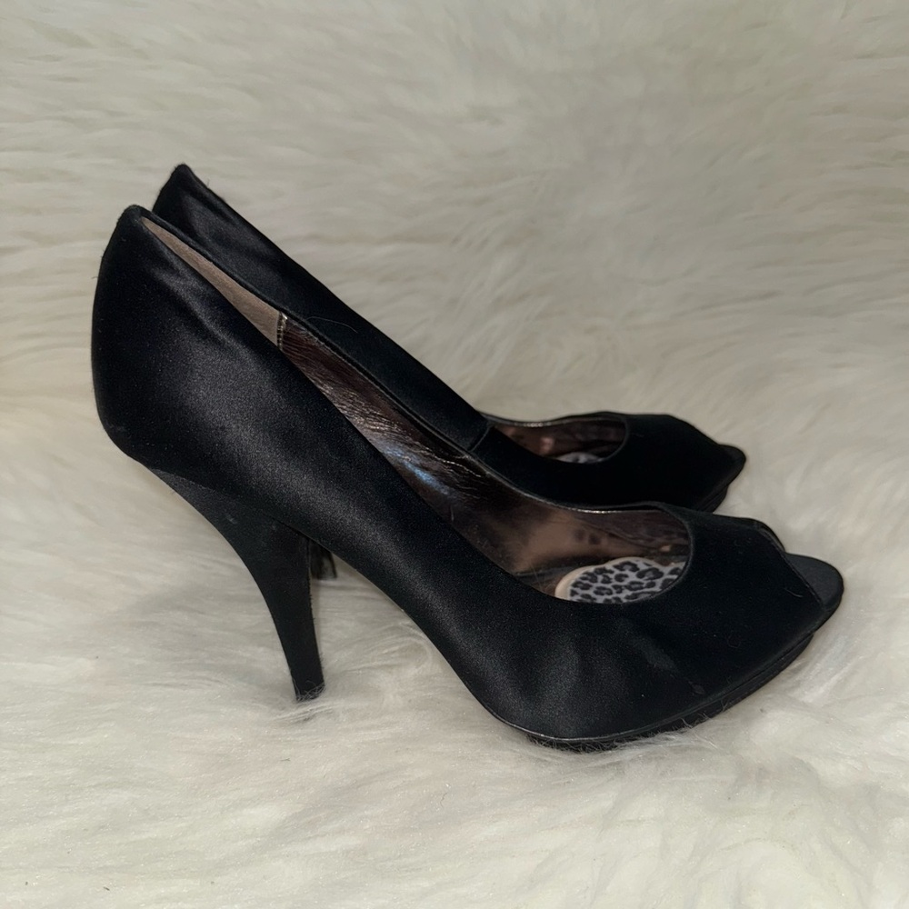 BCBGMaxAzria Black Satin Peep-Toe Heels